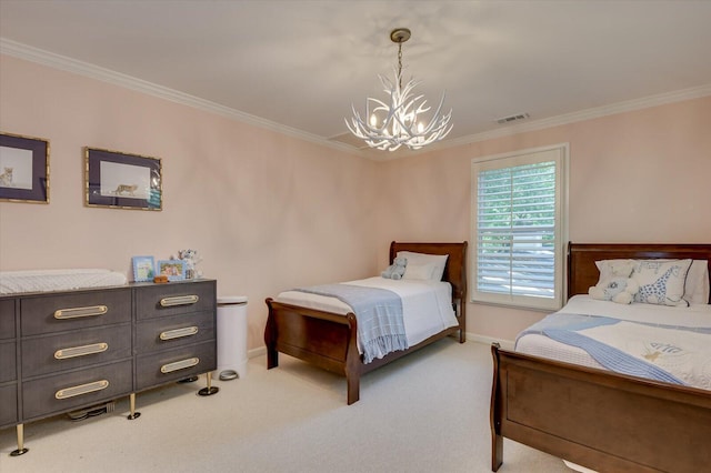 bedroom with crown molding, an inviting chandelier, visible vents, and light colored carpet