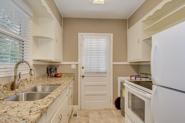 kitchen featuring open shelves, visible vents, white cabinets, a sink, and white appliances