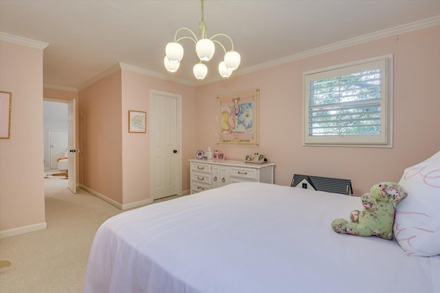 bedroom featuring a notable chandelier, baseboards, crown molding, and light colored carpet