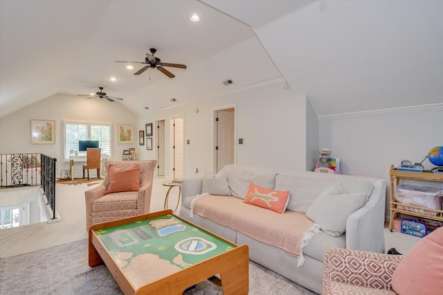 carpeted living area with lofted ceiling, crown molding, visible vents, and recessed lighting