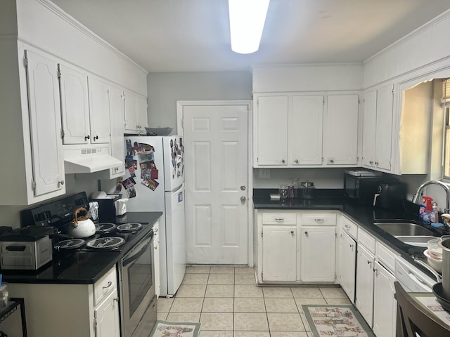 3407 Charing Cross Ct, Augusta, GA 30906 - kitchen featuring electric range, under cabinet range hood, light tile patterned floors, and white cabinetry