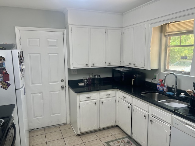 3407 Charing Cross Ct, Augusta, GA 30906 - kitchen featuring white cabinetry, white dishwasher, dark countertops, light tile patterned flooring, and ornamental molding