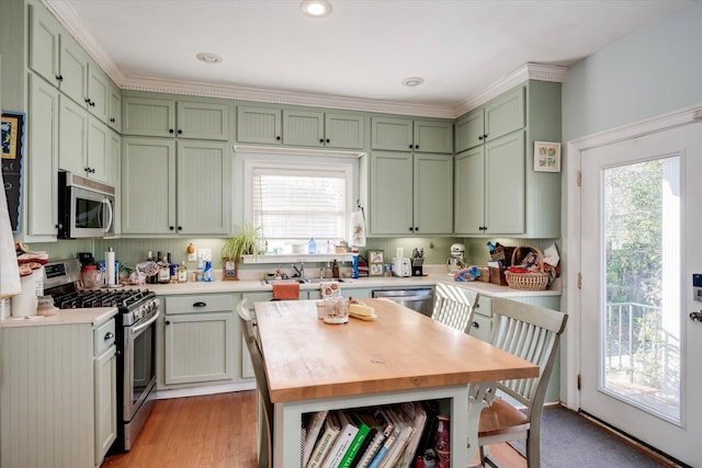 kitchen with stainless steel appliances, green cabinets, and a healthy amount of sunlight