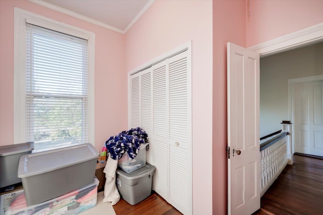 interior space featuring ornamental molding and dark hardwood / wood-style flooring