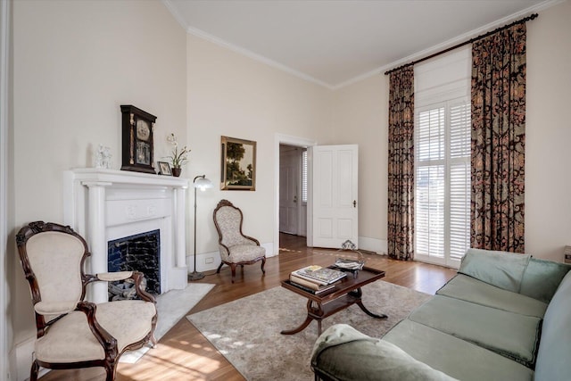 living room featuring hardwood / wood-style floors and ornamental molding