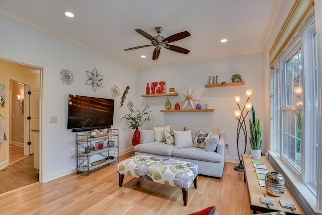 2051 Waterbridge Ln, Aiken, SC 29803 - living area with ceiling fan, baseboards, light wood-style floors, recessed lighting, and crown molding