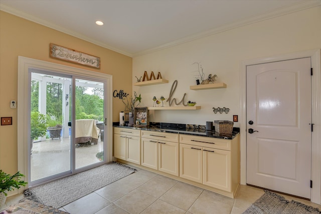 2051 Waterbridge Ln, Aiken, SC 29803 - kitchen featuring ornamental molding, light tile patterned flooring, open shelves, dark stone counters, and recessed lighting