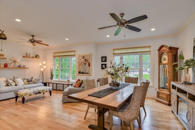 2051 Waterbridge Ln, Aiken, SC 29803 - dining area with a ceiling fan, ornamental molding, light wood-type flooring, and recessed lighting