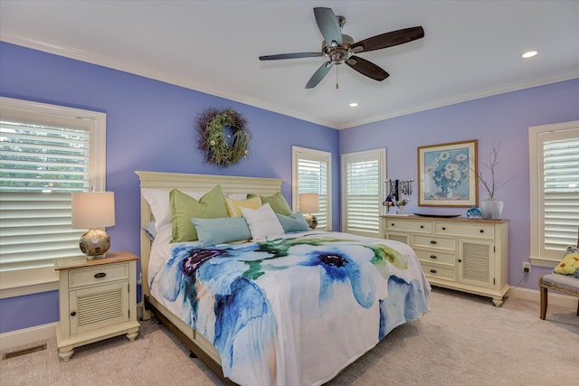 2051 Waterbridge Ln, Aiken, SC 29803 - bedroom with light carpet, baseboards, ornamental molding, ceiling fan, and recessed lighting
