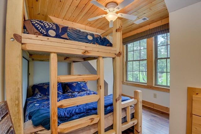 bedroom featuring hardwood / wood-style flooring, ceiling fan, and wood ceiling