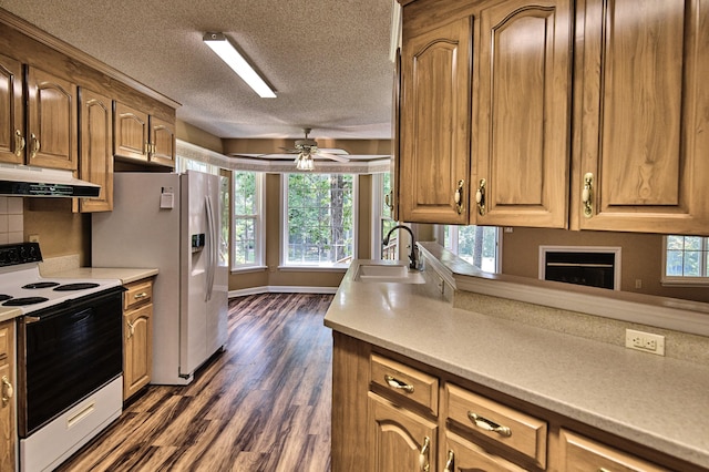 kitchen with light countertops, electric range, a healthy amount of sunlight, a sink, and under cabinet range hood