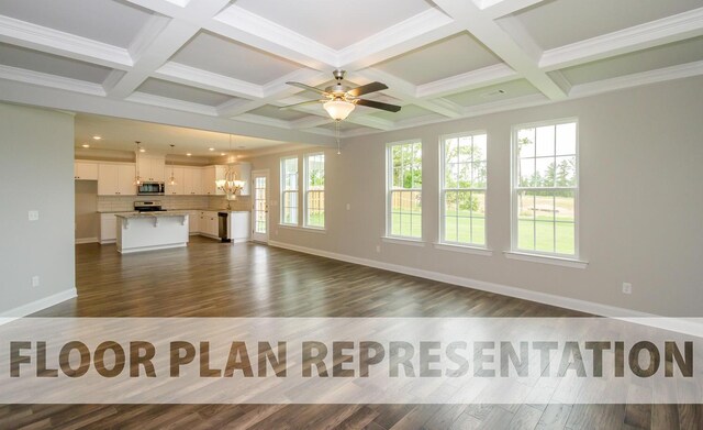 unfurnished living room featuring coffered ceiling, dark hardwood / wood-style flooring, beamed ceiling, ceiling fan with notable chandelier, and ornamental molding