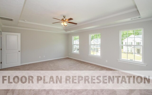 unfurnished room with light carpet, a tray ceiling, and ornamental molding