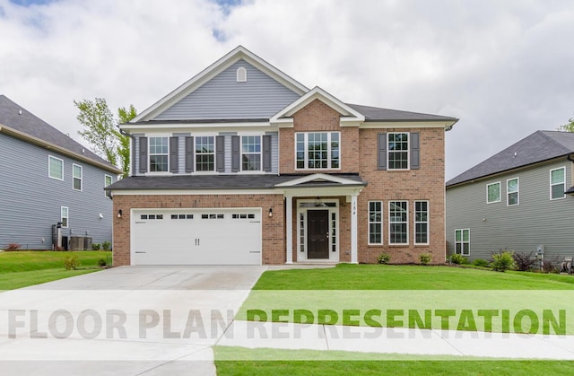 view of front facade with central AC unit, a garage, and a front lawn