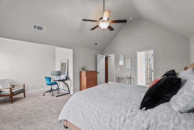 bedroom with high vaulted ceiling, carpet flooring, visible vents, and baseboards