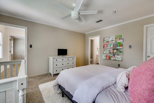 3555 Watervale Way, Martinez, GA 30907 - bedroom with light colored carpet, crown molding, a textured ceiling, ceiling fan, and baseboards