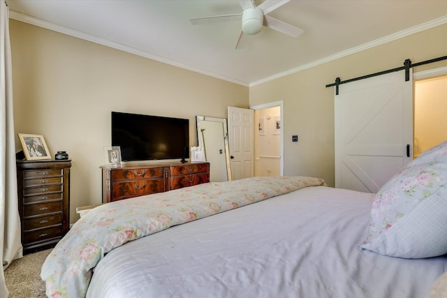 3555 Watervale Way, Martinez, GA 30907 - carpeted bedroom with a barn door, crown molding, and ceiling fan