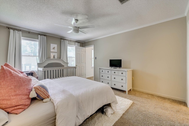 3555 Watervale Way, Martinez, GA 30907 - bedroom with ornamental molding, light carpet, a textured ceiling, ceiling fan, and baseboards