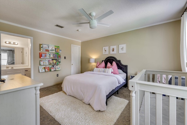 3555 Watervale Way, Martinez, GA 30907 - bedroom featuring carpet flooring, ornamental molding, a textured ceiling, ceiling fan, and baseboards