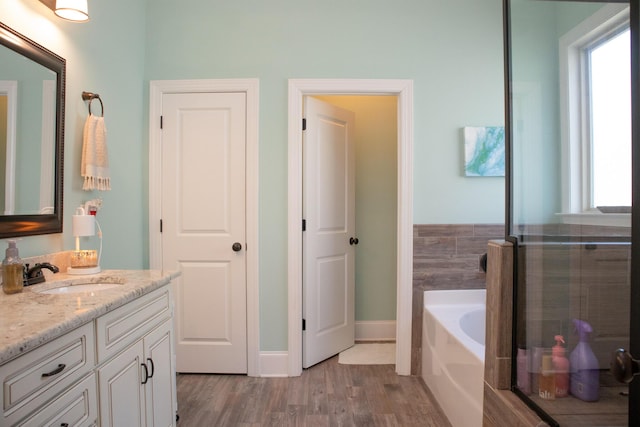 bathroom featuring vanity, wood-type flooring, and plus walk in shower