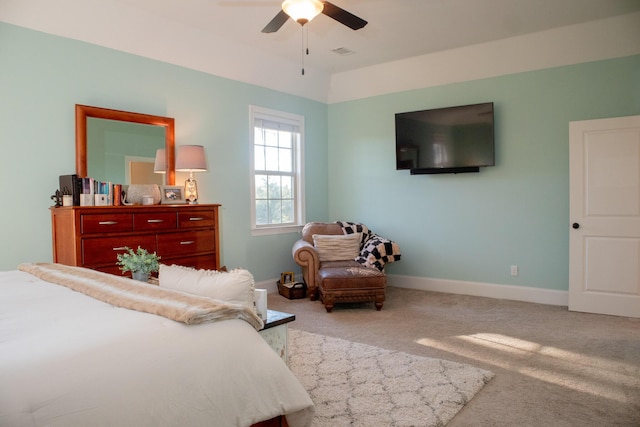 bedroom with ceiling fan and carpet