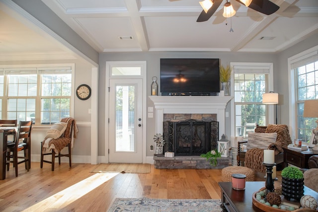 living room featuring beamed ceiling, a stone fireplace, ceiling fan, light hardwood / wood-style flooring, and coffered ceiling