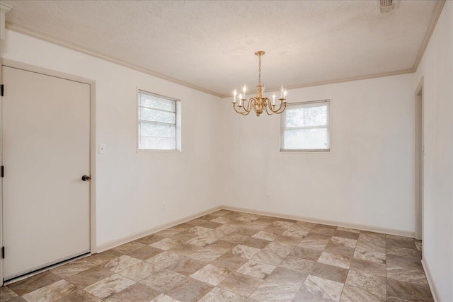 empty room featuring ornamental molding, a wealth of natural light, a notable chandelier, and a textured ceiling