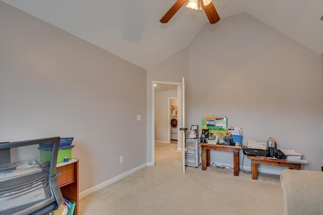 carpeted office space with washer / dryer, ceiling fan, and lofted ceiling