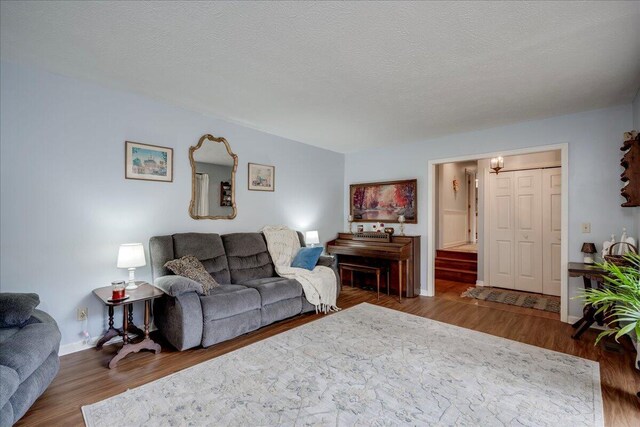 living room featuring a textured ceiling and hardwood / wood-style flooring