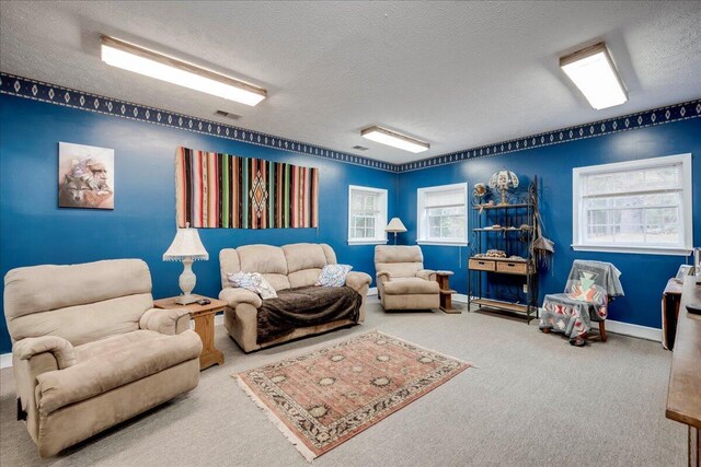 living room featuring carpet flooring and a textured ceiling