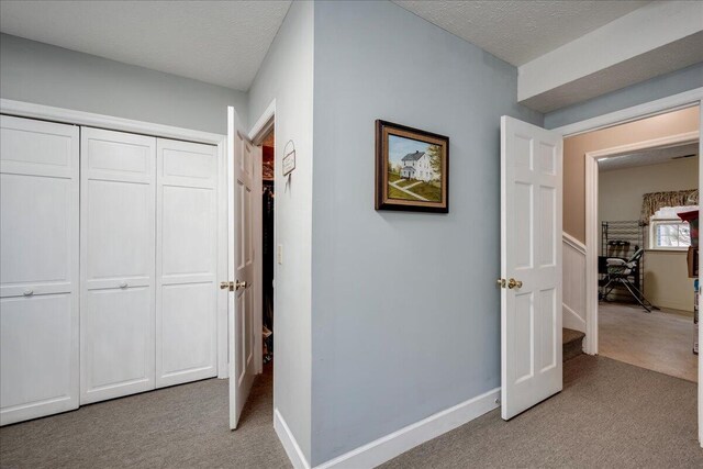 interior space with light carpet and a textured ceiling