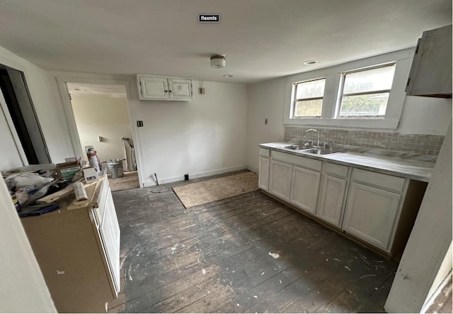 kitchen featuring backsplash, dark hardwood / wood-style floors, white cabinetry, and sink