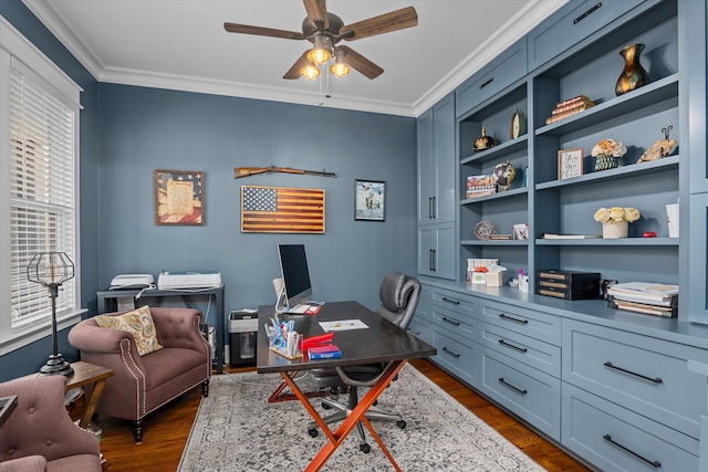 5416 Old Washington Rd, Evans, GA 30809 - home office with a ceiling fan, ornamental molding, dark wood-style floors, and built in shelves