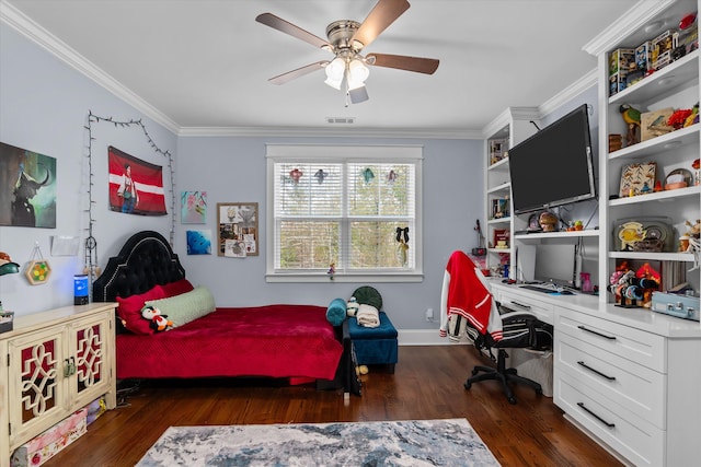 5416 Old Washington Rd, Evans, GA 30809 - bedroom with wood finished floors, ornamental molding, ceiling fan, and built in desk