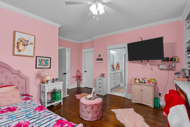 5416 Old Washington Rd, Evans, GA 30809 - bedroom featuring wood finished floors, crown molding, ensuite bath, and a ceiling fan