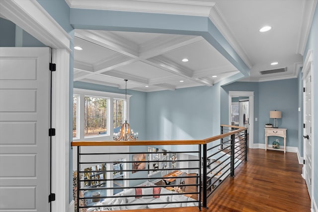 5416 Old Washington Rd, Evans, GA 30809 - hallway featuring a chandelier, wood finished floors, beam ceiling, an upstairs landing, and recessed lighting