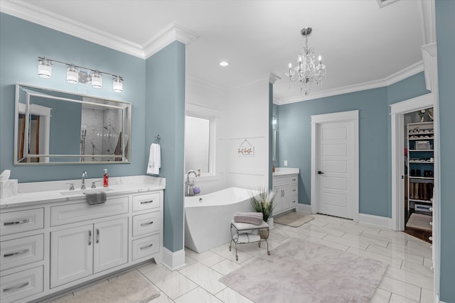 5416 Old Washington Rd, Evans, GA 30809 - full bathroom featuring vanity, a freestanding bath, crown molding, a chandelier, and recessed lighting