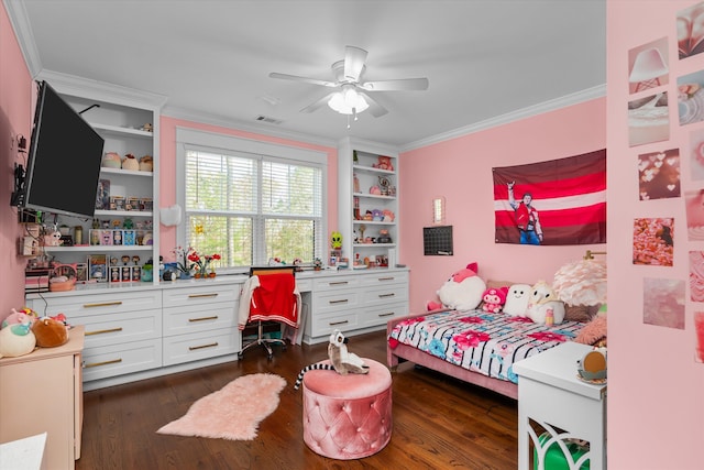 5416 Old Washington Rd, Evans, GA 30809 - bedroom featuring crown molding, built in desk, dark wood-style flooring, and a ceiling fan
