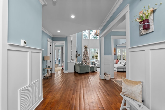 5416 Old Washington Rd, Evans, GA 30809 - foyer with ornamental molding, a decorative wall, hardwood / wood-style flooring, wainscoting, and recessed lighting