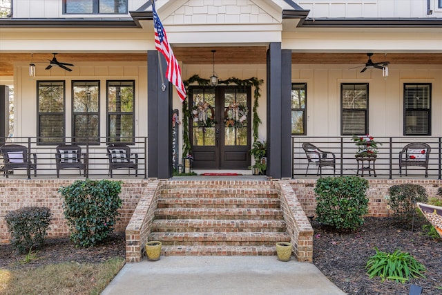5416 Old Washington Rd, Evans, GA 30809 - property entrance featuring ceiling fan, board and batten siding, and a porch