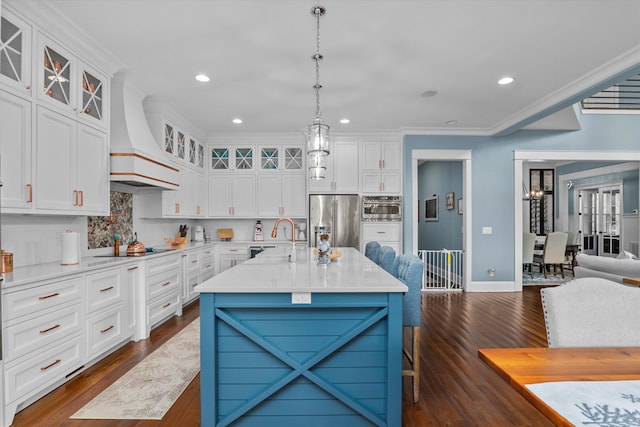 5416 Old Washington Rd, Evans, GA 30809 - kitchen with stainless steel fridge, premium range hood, dark wood-style floors, light countertops, and decorative backsplash