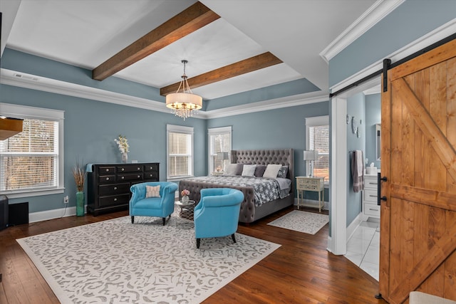 5416 Old Washington Rd, Evans, GA 30809 - bedroom featuring a barn door, multiple windows, hardwood / wood-style floors, a chandelier, and beamed ceiling