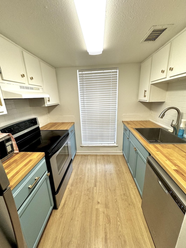 kitchen with white cabinets and wooden counters