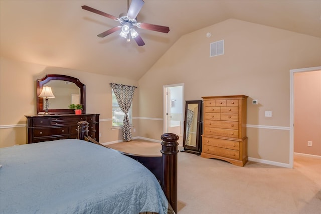 324 Congling Cir, Grovetown, GA 30813 - bedroom with light colored carpet, high vaulted ceiling, baseboards, ceiling fan, and connected bathroom