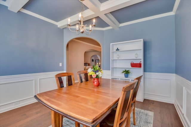 324 Congling Cir, Grovetown, GA 30813 - dining area with arched walkways, beamed ceiling, a chandelier, wood finished floors, and wainscoting
