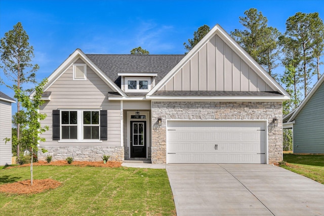 craftsman inspired home featuring board and batten siding, driveway, a front lawn, and stone siding