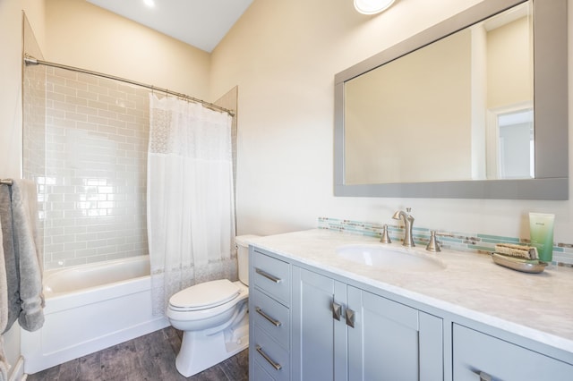 full bath featuring vanity, shower / bath combination with curtain, toilet, and wood finished floors