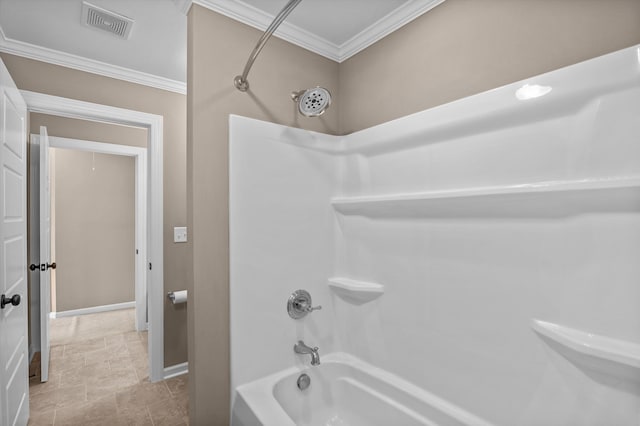 884 Willow Lk, Evans, GA 30809 - bathroom with shower / bathtub combination, visible vents, crown molding, and baseboards