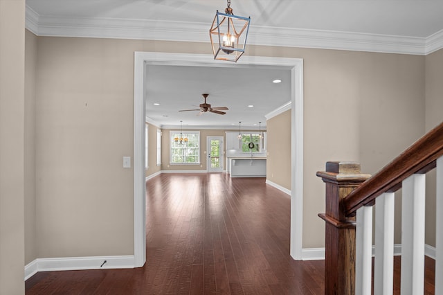 884 Willow Lk, Evans, GA 30809 - hall featuring an inviting chandelier, dark wood-type flooring, crown molding, and baseboards