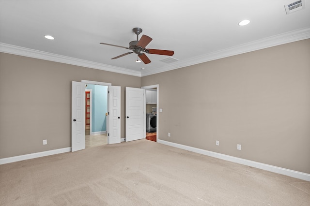 884 Willow Lk, Evans, GA 30809 - unfurnished bedroom featuring recessed lighting, light colored carpet, visible vents, washer / clothes dryer, and crown molding